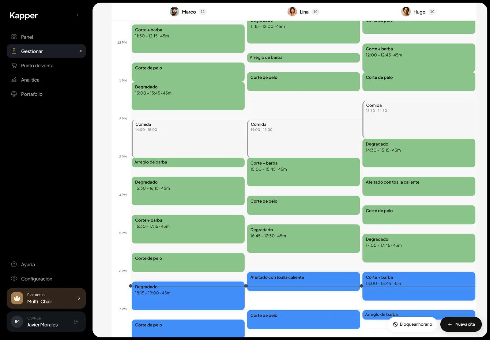 Agenda de Kapper: las citas de hoy de cada barbero — completadas, en curso y confirmadas